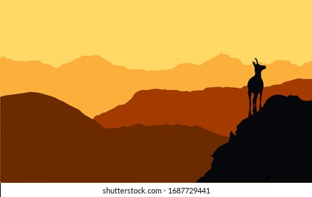 A chamois stands on top of a hill with mountains in the background. Black silhouette with brown and orange background. Vector illustration.