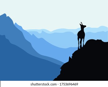 A chamois stands on top of a hill with mountains in the background. Black silhouette with blue background. Vector illustration.