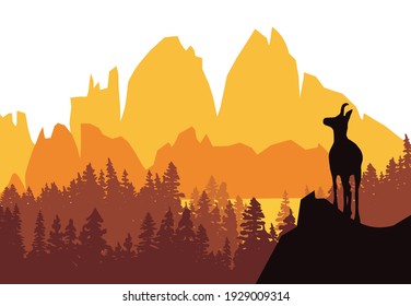 A chamois stands on top of a hill with mountains and forest in the background. Black silhouette with orange, yellow and brown background. Illustration.