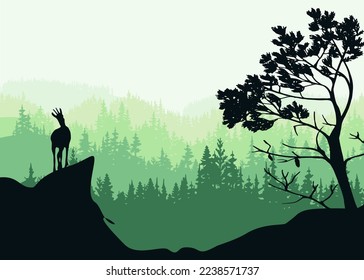 A chamois stands on top of a hill with mountains and forest in the background. Pine tree in foreground. Magic misty landscape. Nature illustration. 