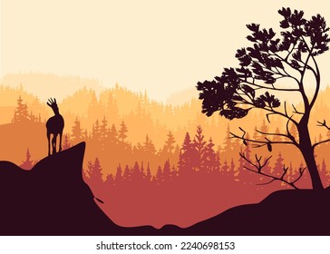 A chamois stands on top of a hill with mountains and forest in the background. Pine tree in foreground. Magic misty landscape. Nature illustration. 