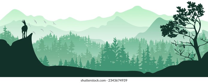 Un camafois se alza sobre una colina con montañas y bosque al fondo. Pino en primer plano. El paisaje mágico de la niebla. Ilustración de la naturaleza. 