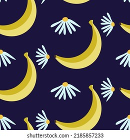 chamomile and bananas seamless pattern design isolated on dark blue background, flowers and fruits seamless print background