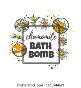 Chamomile bath bomb concept design. Hand drawn vector illustration. Can be used for organic shop, heathcare, spa, aromatherapy, handmade cosmetic, logo, sticker, label, gift, icon.