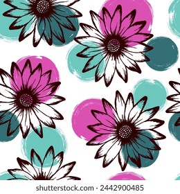 Chamomile beautiful summer endless rapport. Rudbeckia daisy blossom over circles background. Doodle garden flowerheads linen pattern. Elegant floral ornament.