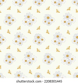Chamomile and bees seamless vector pattern background. Flora and fauna backdrop with scattered groups of herbal flower heads and insects Line art botanical repeat. Nature garden flowers for summer