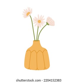 Chamomile bouquet in ceramic vase. Spring flowers for modern decoration. Hand drawn colored vector illustration isolated on white background. Trendy flat cartoon style.