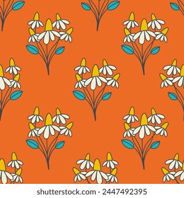 Chamomile bouquet Seamless Pattern in Retro style. Vintage floral background with flowers and leaves. Colorful summer autumn fall design. Repeat vector illustration