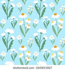 Chamomile branches and flowers patetrn on blue background. Trendy flat daisy seamless pattern for textile, fabrics, wrapping paper, prints, home decor