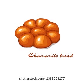 Pan de camomila al estilo de las caricaturas. Pan de pan con masa de harina de trigo. Productos orgánicos para panadería y menú de supermercado. Dulce bollo redondo. Ilustración vectorial, aislada en blanco.