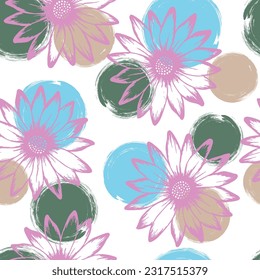Chamomile bright summer seamless pattern. Camomile daisy bloom over circles background. Creative garden flowers vector wallpaper. Subtle natural ornament.