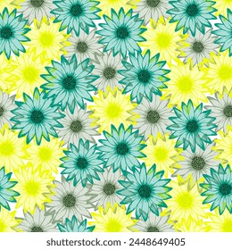 Chamomile bright summer seamless pattern. Rudbeckia daisy blossom with transparent petals. Doodle garden flowerheads scrapbooking swatch. Feminine botanical ornament.