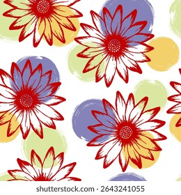 Chamomile bright vector repeat rapport. Sunflower blossom over circles background. Decorative garden flowerheads textile print. Feminine natural ornament.