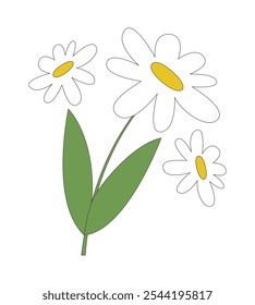 Objeto de desenho 2D de cacho de camomila. Flores de camomila. Flores silvestres da primavera. Daisy floresce. Plantas florais. Planta medicinal isolada elemento plano do vetor clipart no fundo branco. Ilustração pontual