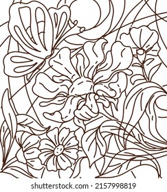 Chamomile and butterfly coloring book for kids nature insects animals flowers sun and glade hand drawn spring summer illustration funny