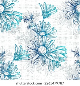 Chamomile by hand drawing. Daisy seamless pattern in modern sketch style for fabric textile.