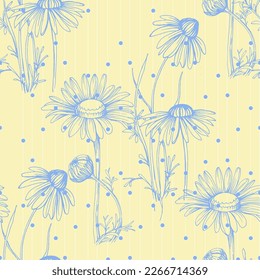 Chamomile by hand drawing. Daisy seamless pattern in modern sketch style for fabric textile.