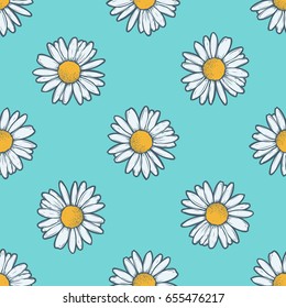 Chamomile, camomile flower floral vector seamless pattern. White flower on blue