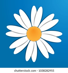 Chamomile, camomile flower. White daisy camomile icon. Flat design with shadow. Isolated on blue background. Greeting card, love card and invitation of wedding, birthday, mother's day and womens day