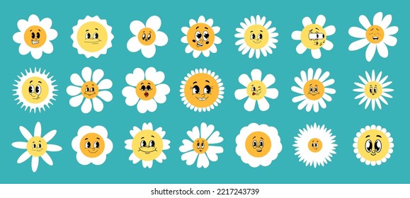 Chamomile con caricaturas graciosas caras sonrientes ambientadas. Personajes de flores de margarita. La rueda de camomila suave emoción feliz. Diseño del logo infantil con ilustraciones vectoriales daisies. Sonríe flor floral, florece camomila.