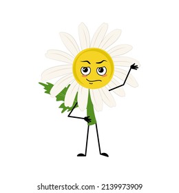 Chamomile character with emotions of hero, brave face, arms and leg. Person with courage expression, daisy flower. Vector flat illustration