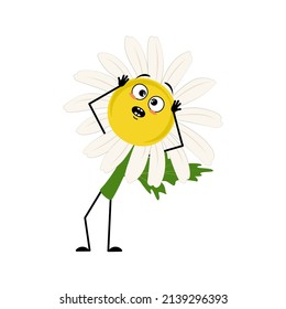 Chamomile character with emotions in panic grabs his head, surprised face, shocked eyes, arms and legs. Person with scared expression, daisy flower. Vector flat illustration
