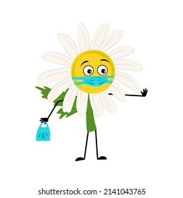 Chamomile character with sad emotions, face and mask keep distance, hands with shopping bag and stop gesture. Person with care expression, daisy flower. Vector flat illustration