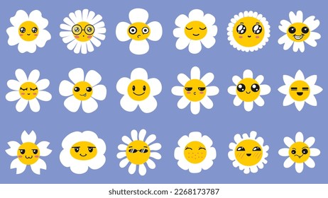 Personajes de Chamomile, flores de margarita con caricaturas caras sonrientes graciosas. Una emoción alegre y encantadora. Diseño del logo infantil con conjunto vectorial daisies. Ilustración de sonrisa floral flor, flor chamomile.