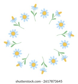 Chamomile Circle Frame. Round Botanical Border template with Flower Blossom Leaves Empty space for text. Modern pastel colored vector illustration nature elements