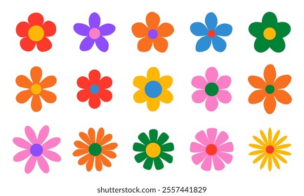 Chamomile. Colorful daisy round flower set. Camomile icon collection. Isolated on background. Flat design. Vector illustration. Summer chamomile flower. Love symbol. Groovy daisy flowers set