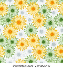 Chamomile colorful summer repeat pattern. Sunflower blossom with transparent petals. Decorative garden flowers textile print. Elegant floral ornament.
