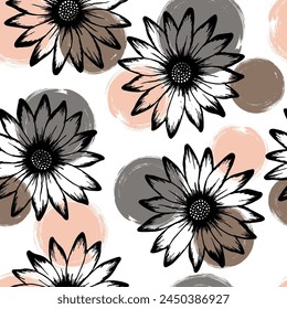 Manzanilla colorido verano sin patrón. Floración de osteospermum sobre círculos de fondo. Muestra decorativa de scrapbooking de flores de jardín. Adorable adorno natural.