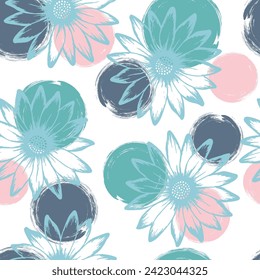 Chamomile colorful vector repeat rapport. Sunflower blossom over circles background. Doodle garden flowerheads linen pattern. Feminine floral background.