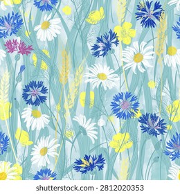Chamomile, cornflowers, buttercup, clover, grass and wheat ears on a blue watercolor background. Stylish floral seamless pattern. Vector. Perfect for design templates, wallpaper, wrapping, fabric, print and textile.