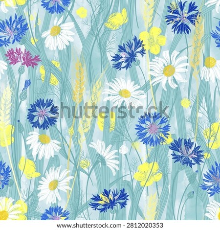 Chamomile, cornflowers, buttercup, clover, grass and wheat ears on a blue watercolor background. Stylish floral seamless pattern. Vector. Perfect for design templates, wallpaper, wrapping, fabric, print and textile.