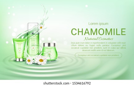 Chamomile cosmetics bottles mock up banner. Natural beauty product cream tube, jar and pump cosmetic packages on green water surface background with splash and flowers Realistic 3d vector illustration