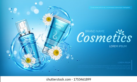 Chamomile cosmetics bottles mock up banner. Natural beauty product cream and pump tubes package on blue water splash background with flowers. Eco moisturize cosmetic Realistic 3d vector illustration