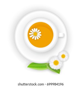 Chamomile cup of tea, realistic vector illustration isolated on white background. Cute little flowers, leaves, top view concept.