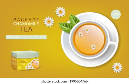 Chamomile Cup of tea vector realistic. Top view 3d illustration