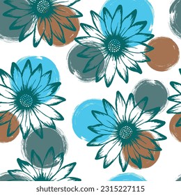 Chamomile cute vector repeat pattern. Sunflower blossom over circles background. Creative garden flowers scrapbooking swatch. Feminine natural rapport.