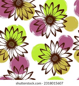 Chamomile cute vector seamless rapport. Rudbeckia daisy blossom over circles background. Creative garden flowers vector wallpaper. Girlie natural background.