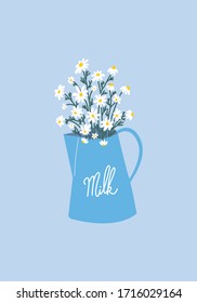 Chamomile daisies bouquet in milk jug. Aesthetic Flowers in vintage pot. Trendy elegant minimal vector illustration