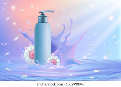Ilustración vectorial de cosméticos de margarita de camomila. Loción natural de hierbas en botellas realistas, producto de cuidado corporal con flor de camomila, vitaminas y antioxidantes para el trasfondo cosmetológico de rutina diaria
