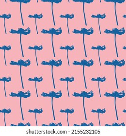 Chamomile daisy flower blossom seamless pattern, silhouette on pink background for textile design eps 10 vector illustration