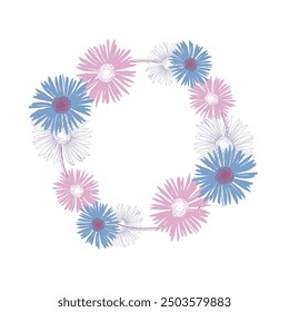 Chamomile Daisy Flower circle frame. Hand drawn round line border, leaves and flowers, wedding invitation and cards, logo design and posters template. Elegant minimal style floral vector isolated 