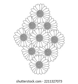 chamomile and daisy flower coloring page design with detailed line art vector graphic. beautiful flowers coloring page with decorative floral background design. blossom petal and leaves sketch