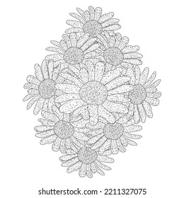 chamomile and daisy flower coloring page design with detailed line art vector graphic. beautiful flowers coloring page with decorative floral background design. blossom petal and leaves sketch 
