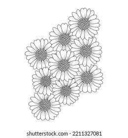 chamomile and daisy flower coloring page design with detailed line art vector graphic. beautiful flowers coloring page with decorative floral background design. blossom petal and leaves sketch 