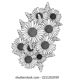 chamomile and daisy flower coloring page design with detailed line art vector graphic. beautiful flowers coloring page with decorative floral background design. blossom petal and leaves sketch