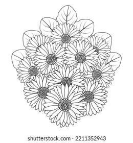 chamomile and daisy flower coloring page design with detailed line art vector graphic. beautiful flowers coloring page with decorative floral background design. blossom petal and leaves sketch 